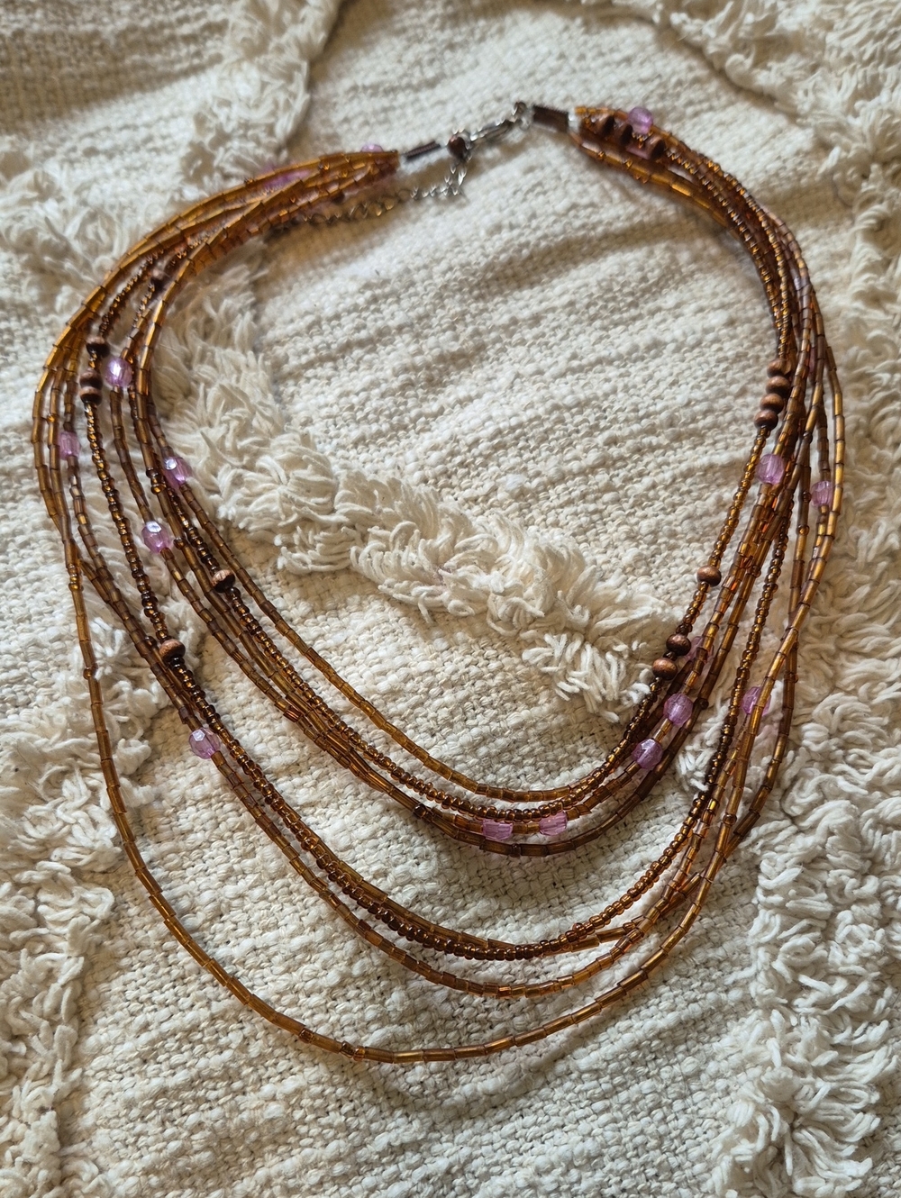 Multi-Strand Brown and Pink Beaded Choker Necklace